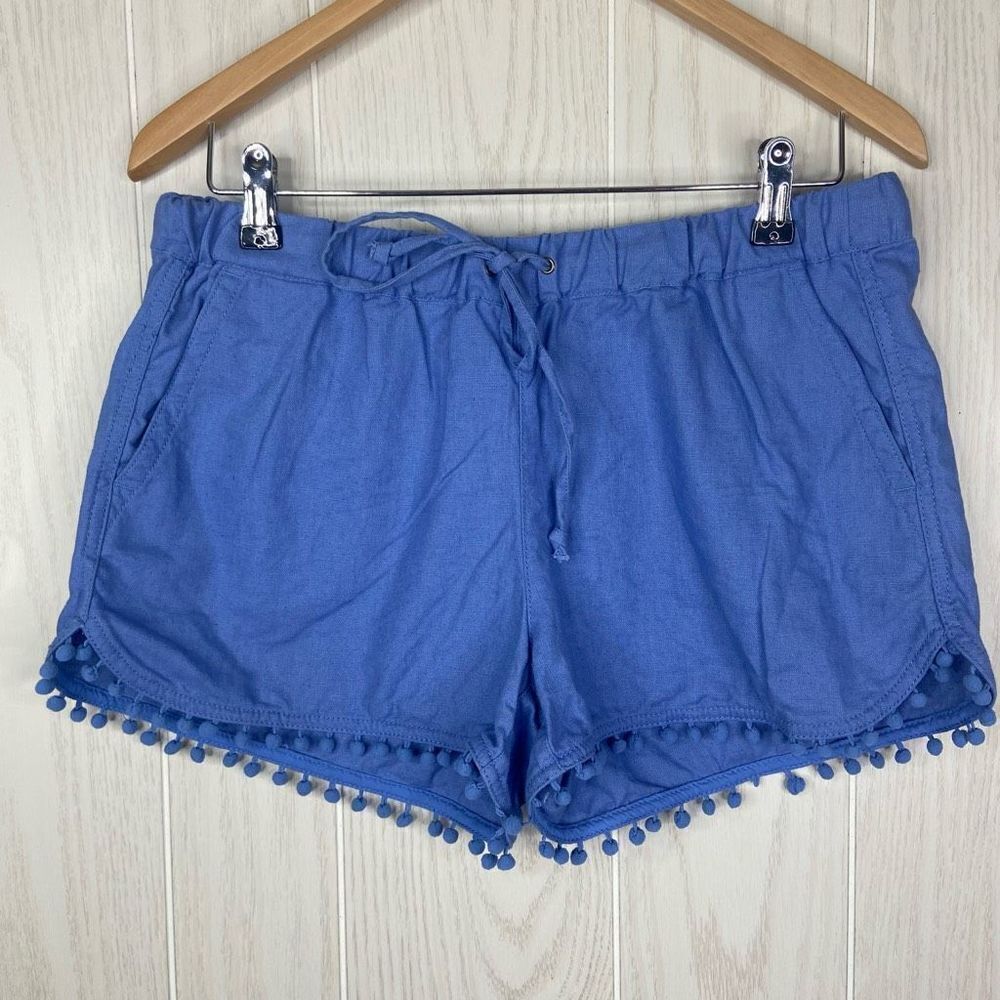 J. Crew Women's Blue Pom Pom Drawstring Linen Cotton Casual Shorts Size Small